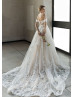 Off Shoulder Beaded Blush Lace Tulle Wedding Dress